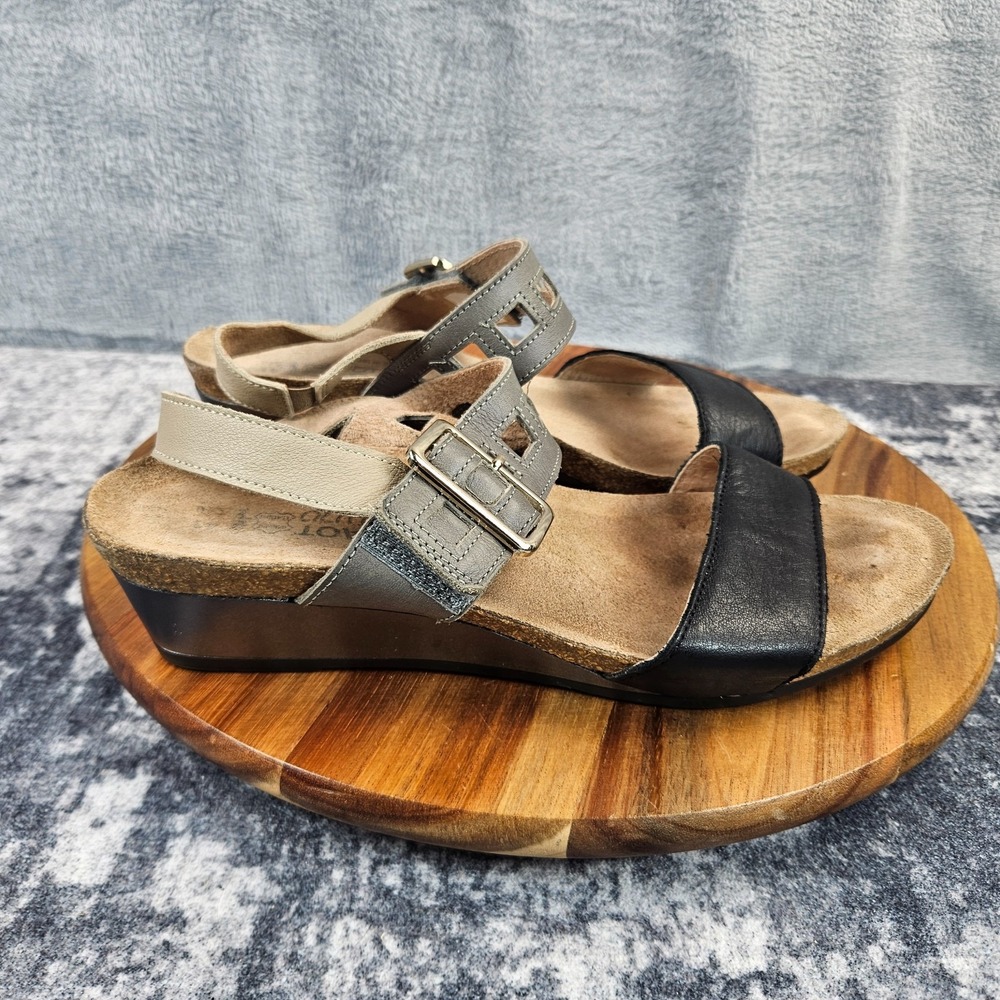 Naot Dynasty Sandals Women's 10 EU 41 Black Gray Leather Strappy Wedge Cork